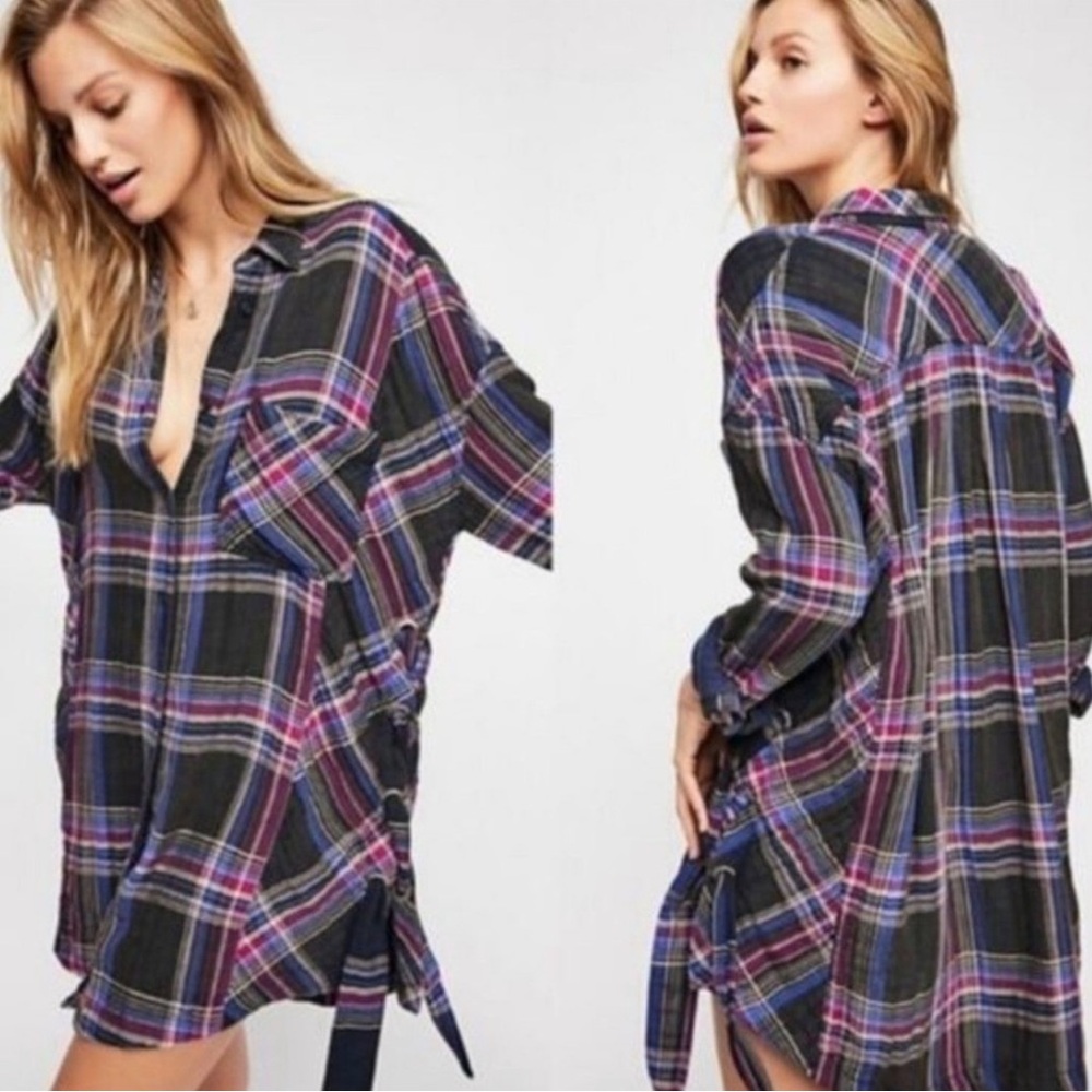 Free People Plaid Tunic Shirt in Black, Purple, Pink
